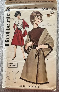 Vintage Butterick skirt and stole Jr. & Miss Quick 'N Easy Outfits pattern 2432 - uncut, factory folds Pattern envelope has darkened in some areas as shown in photos and there is a tear across the top. There's also a name written on the front. Was it the owner's name? Or maybe the name of the client?  Foxy earth tones and a bob haircut were used to illustrate this 1960's beauty --  front wrapped, slightly flared skirt with straight or triangular shawl. Quick 'N Easy!  Waist 28 Hip 38 Listing is offered as-is. Please ask any questions before purchasing. 60s Patterns, Patron Vintage, Skirt Straight, Fashion 1960s, Easy Outfits, Wrap Skirts, Butterick Sewing Pattern, Motif Vintage, Easy Sewing Patterns