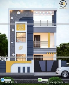 this is a modern style house with yellow and blue accents on the front, side and top floors