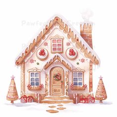 a watercolor painting of a gingerbread house