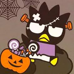 an image of a bird with candy in it's mouth and halloween decorations on the ground