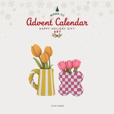 an ad for the mom's calendar with tulips in a vase and checkered mitt