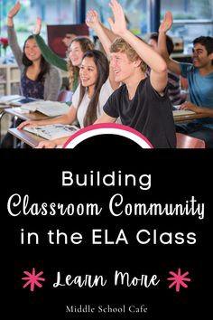 students raising their hands in class with the text building classroom community in the ela class learn more