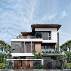 an artist's rendering of a modern house with palm trees in the foreground