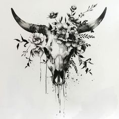 a bull's skull with flowers and leaves painted on the side by watercolor pencils