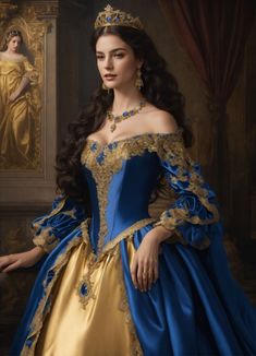 Queen Gowns Royal, Royal Dresses Princesses, Royal Dresses Queens, Gold And Blue Dress, Royal Dresses Queens Fantasy, Queen Dress Royal, Royalty Gown, Gown Ruffles, Queen Gown