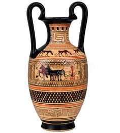 an ancient vase with horses painted on the side and black handles, isolated against a white background