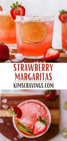 strawberry margaritas with lime and strawberries on the rim