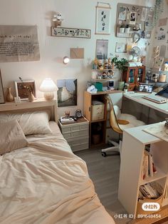 a bedroom with a bed and desk in it