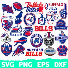 the buffalo bills logo is shown in red, white and blue with many other nfl logos