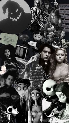 a collage of halloween images with creepy faces and people in the background, including an image of jack skellingy