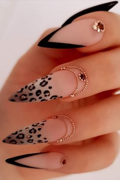 Black stiletto nails french tip with two accent leopard stiletto nails and rhinestones design! Black And White Nail, White Nail, Leopard Print, Nail Art, Black And White, Gold, White, Black