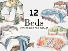 watercolor bed clipart with flowers and bedspreads in different styles, sizes and colors