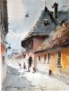 a watercolor painting of people walking down the street in front of buildings and wires