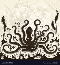 an octopus is in the water surrounded by plants and other marine creatures, with grungy