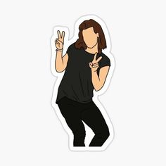 a woman making the peace sign with her fingers sticker on a white background,