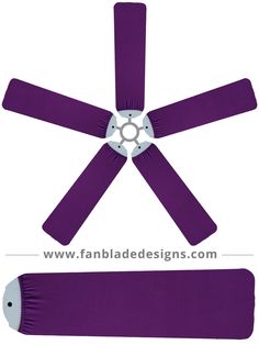 the fan blades are attached to the ceiling fan, and it is purple with silver accents