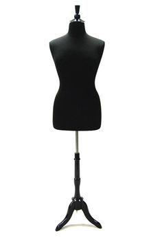 a mannequin on a black stand with a white background