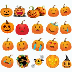 a collection of pumpkins with different faces