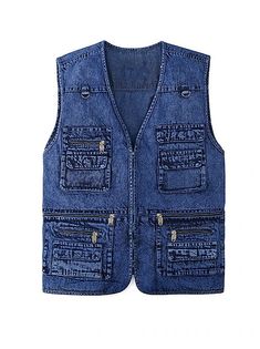 Men's Vest Gilet Fishing Vest Hiking Vest Sleeveless Vest Gilet Jacket Outdoor Street Daily Going out Casual Spring Fall Pocket Polyester Breathable Plain Zipper Stand Collar Loose Fit Black Army 2023 - AU $40.99 Denim Vest Men, Multi Pocket Vest, Cardigan Jeans, Denim Waistcoat, Denim Tank Top, Fishing Vest, Denim Tank, Deep Blue Color, Biker Jeans