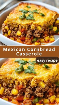 mexican cornbread casserole recipe in a white bowl with the title above it