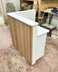 Reception desk, Solid oak slats 🤍 Wood Slat Front Desk, Small Front Desk Ideas, Salon Suite Reception Area, Reception Desk Makeover, Salon Break Room Ideas Small Spaces, Small Front Desk Ideas Reception Areas, Small Reception Desk Design Modern, Salon Break Room Ideas, Front Desk Design Receptions