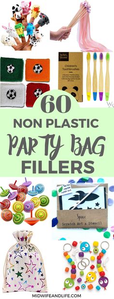 there are many different items that can be found in this bag and the title says, 60 non - plastic party bags fillers