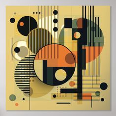 an abstract painting with black, orange and yellow circles on the bottom half of it