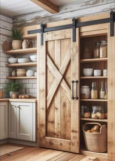 an open sliding barn door in a kitchen