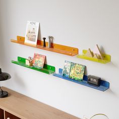 three bookshelves are hanging on the wall