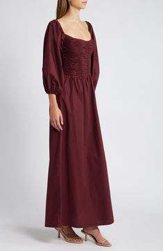 Beautiful, textural shirring articulates the bodice of this A-line maxi dress that's perfect for year-round wear, but its stunning bordeaux hue will make it look gorgeous against the colors of autumn. 46" center front length (size Medium) Hidden back-zip closure Scoop neck Elbow-length sleeves with elastic cuffs Unlined 100% cotton Dry clean or hand wash, dry flat Imported Colors Of Autumn, A Line Maxi Dress, Favorite Daughter, Faithfull The Brand, Designer Clothes For Men, Modern Outfits, Maxi Dress With Sleeves, Elbow Length Sleeve, Autumn Fashion Women