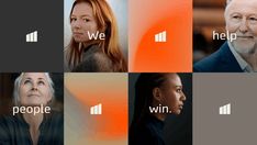 four different images of people with the words we win on them and an orange background