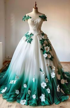 #bridetobe #bride #bridesmaid #bridesmaids #fashion #fashioninspiration #fashionista Green And White Wedding Dress For Bride, Wedding Dress With Green Accents, White And Emerald Green Wedding Dress, Wedding Dress Green Accent, White And Green Wedding Dress, Green Wedding Dress For Bride, Green And White Wedding Dress, Dipped Wedding Dress, Emerald Green Wedding Dress