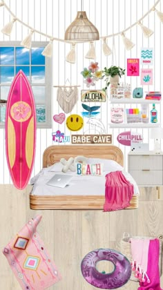 a collage of various items including a surfboard, bed, and air mattress