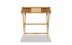 a wooden desk with a drawer on the top and one drawer at the bottom, against a white background