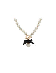 Anne Klein Gold Tone Bow Toggle Necklace - Gold/Pearl Single Pearl Pendant, Single Pearl, Pearl Strand, Toggle Necklace, Everyday Elegance, Pearl Strands, Black Ribbon, Ribbon Bow, Toggle Clasp