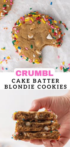 a person holding up a cookie with sprinkles on it and the words crumbl cake batter blondie cookies