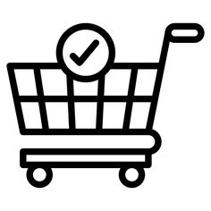 a shopping cart with a check mark on the front and bottom half, in black