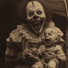 an old photo of a creepy clown holding a baby