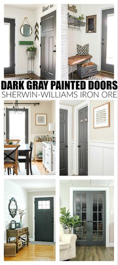 several pictures of the inside of a house with gray painted doors