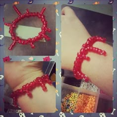 three pictures of different bracelets made out of beads and plastic beads, with the letter e on them