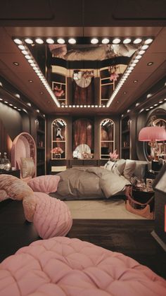 the bedroom is decorated in pink and brown tones with lots of lights on it's ceiling