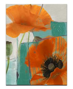 an abstract painting with orange flowers and green leaves on the bottom half of each flower