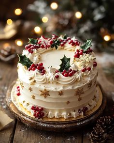 a christmas cake decorated with holly and berries on a wooden table next to a pine cone