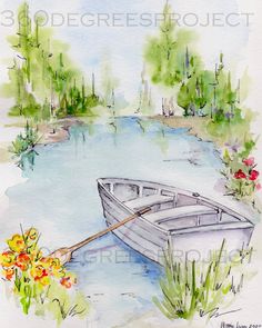 a watercolor painting of a small boat in the middle of a lake surrounded by wildflowers