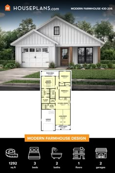 the modern farmhouse house plan is shown with three bedroom, two bathroom and an attached garage