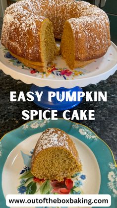 a cake that has been cut into pieces and is on a plate with the words easy pumpkin spice cake