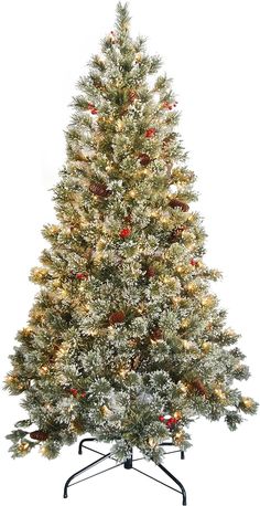 a christmas tree with white lights and red berries on the top, is shown in front of a white background