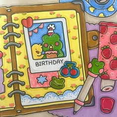 a drawing of a birthday card with an image of a frog on it and other items