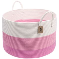 a pink and white basket with a tag on it