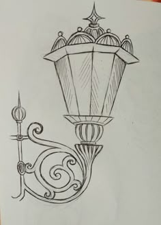 a drawing of a street light with an arrow on it's side and another lamp in the background